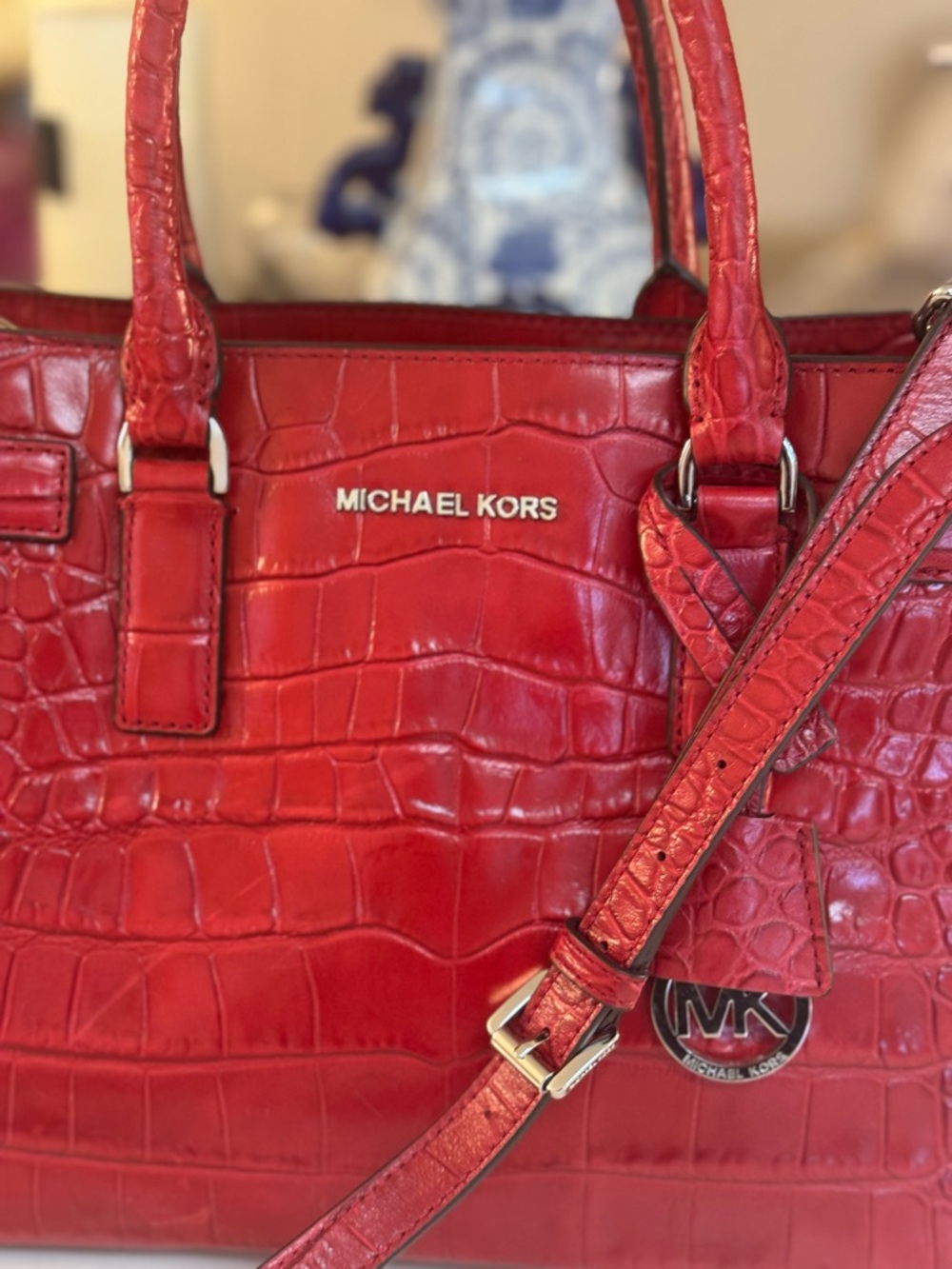 ❤️ MICHAEL KORS DILLON RED MEDIUM LEATHER CROCO EMBOSSED SATCHEL! - Picture 3 of 15